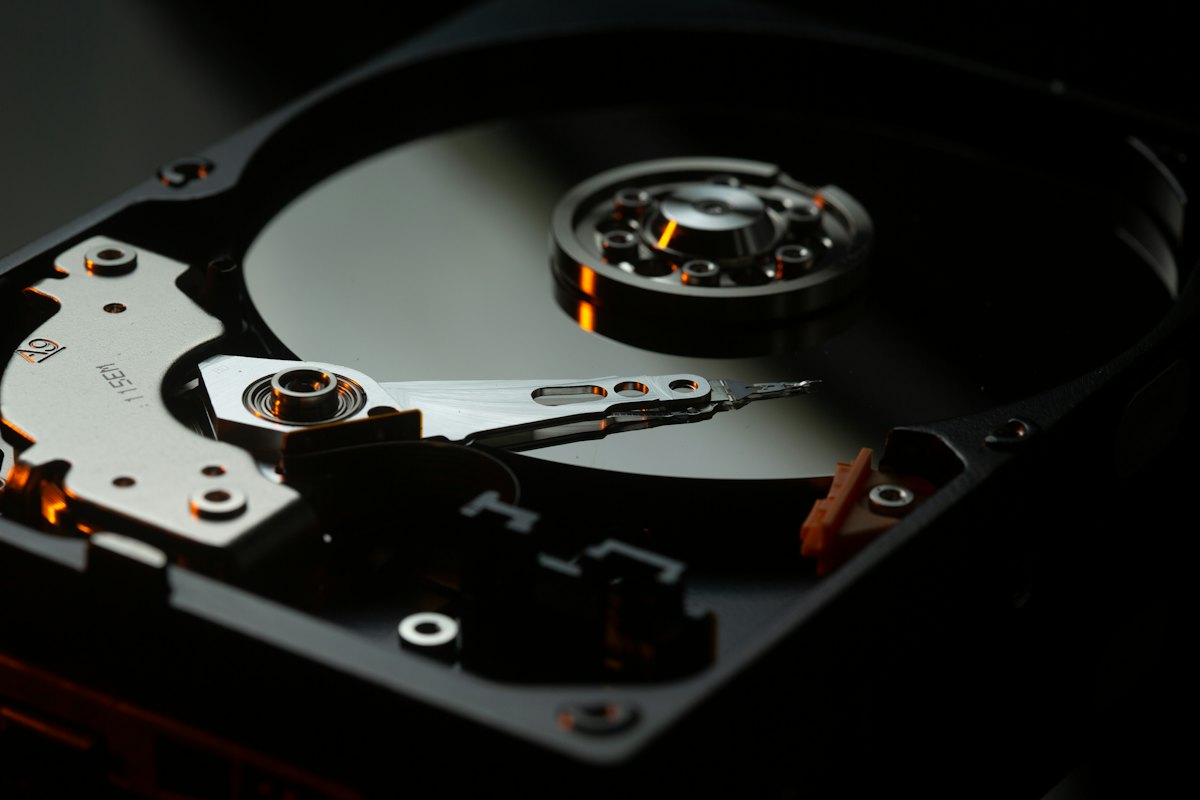 Close-up of a hard drive platter and read head